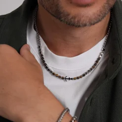 Homme Luzaka Colliers<Collier Navy acier pierres oeil de tigre